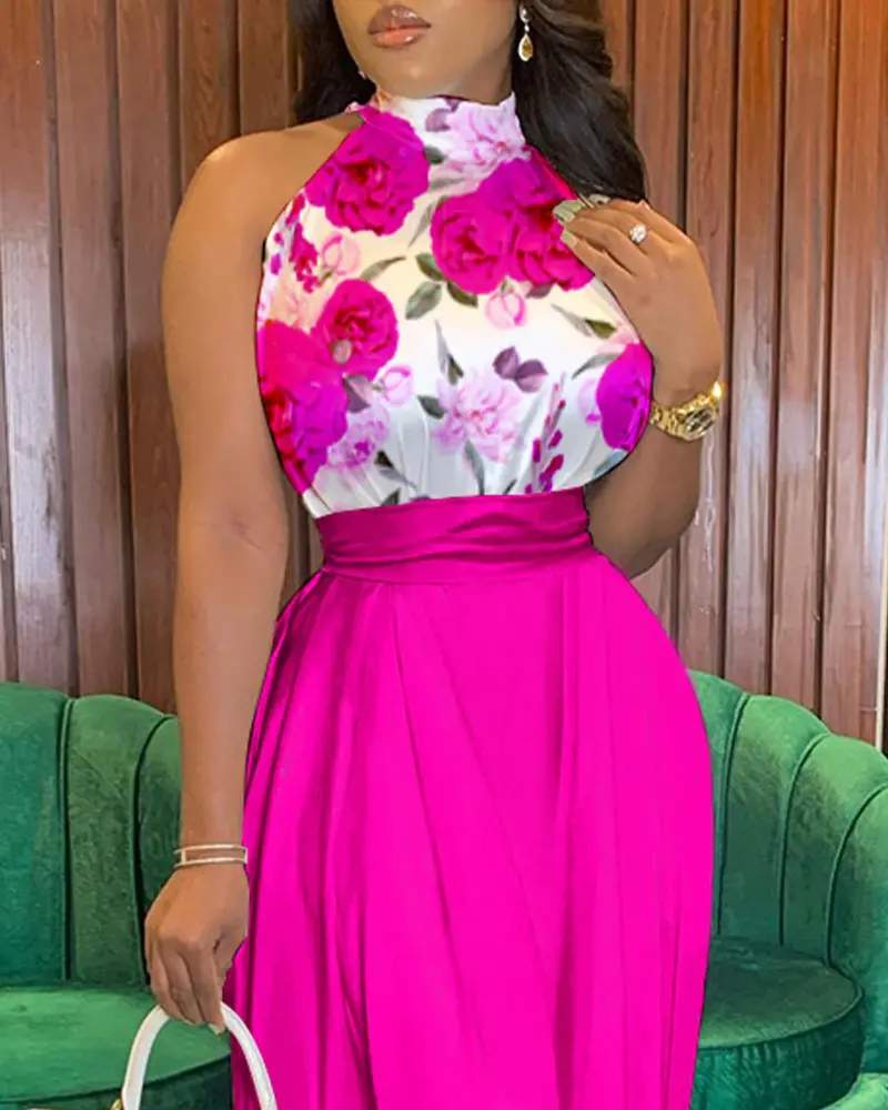 FLORAL PRINT WIDE LEG SLEEVELESS SATIN JUMPSUIT