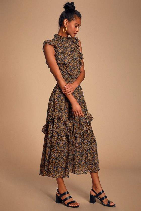 EVALINA MUSTARD YELLOW FLORAL PRINT MOCK NECK MIDI DRESS
