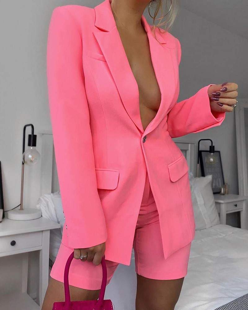 Long Sleeve Buttoned Blazer Coat Shorts Set
