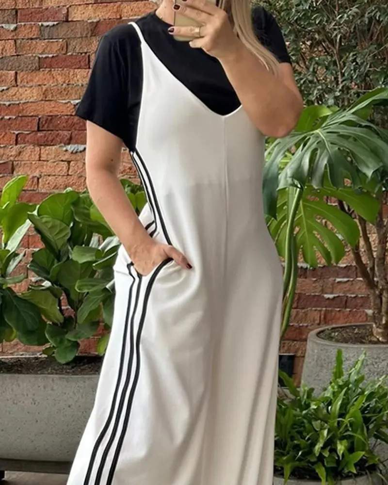STRIPED V NECK WIDE LEG SUSPENDER JUMPSUIT