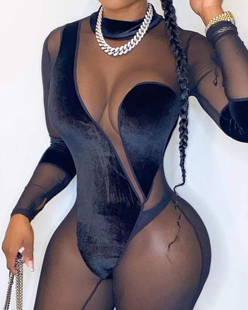 See Through Mesh Long Sleeve Skinny Jumpsuit