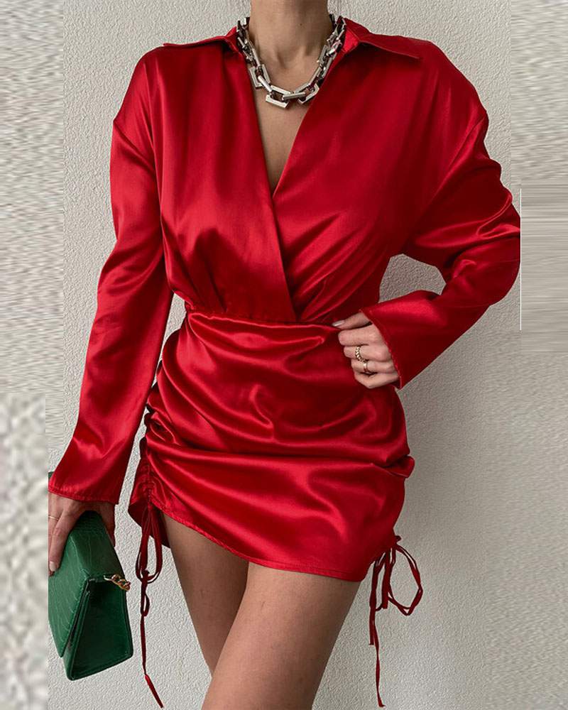 SATIN LONG SLEEVE DRAWSTRING RUCHED SHIRT DRESS