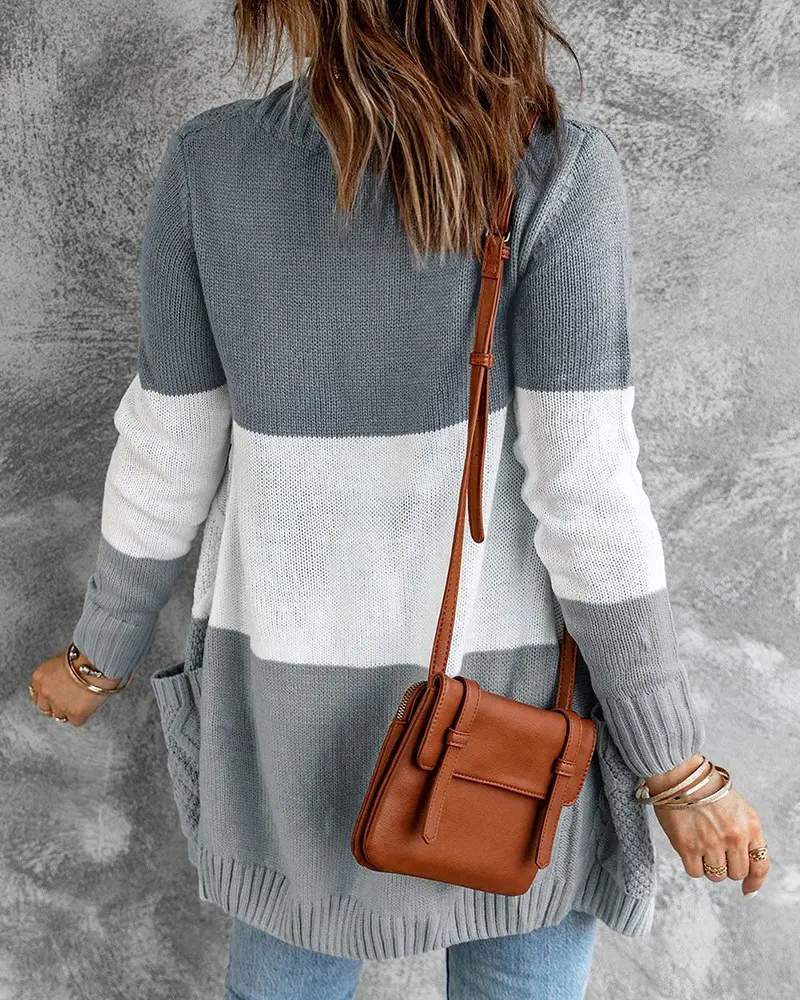 COLORBLOCK POCKET BUTTON DESIGN BRAIDED KNIT CARDIGAN