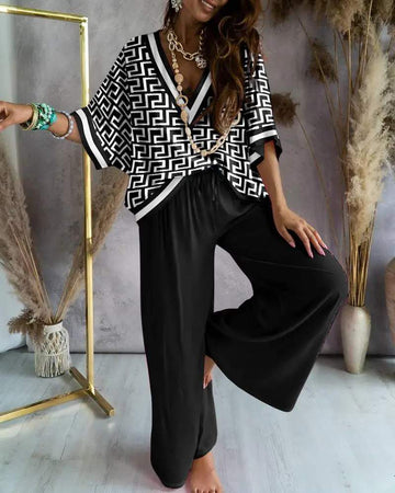 GEOMETRIC PRINT BATWING SLEEVE CASUAL TOP PANTS SET