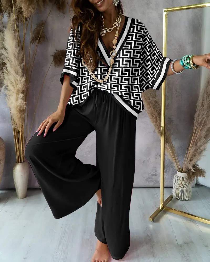 GEOMETRIC PRINT BATWING SLEEVE CASUAL TOP PANTS SET