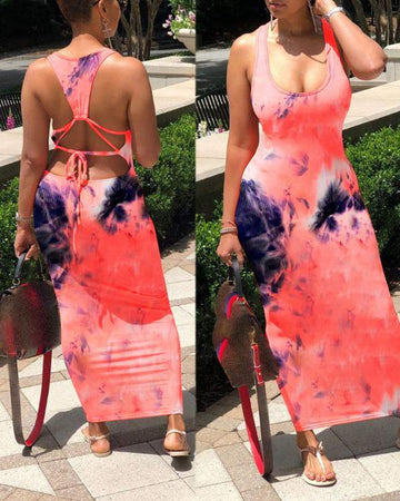Cut Out Back Tie Dye Print Dress