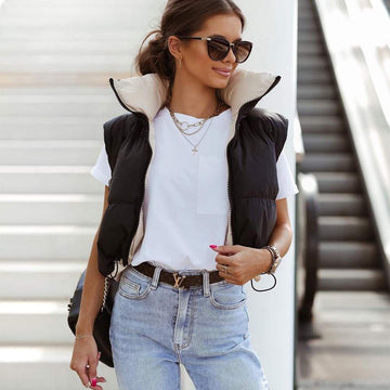 CONTRAST COLOR DOUBLE SIDED WEAR ZIPPER VEST WARM COTTON JACKET
