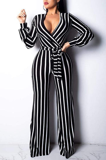 STRIPED WIDE LEG WRAP JUMPSUIT