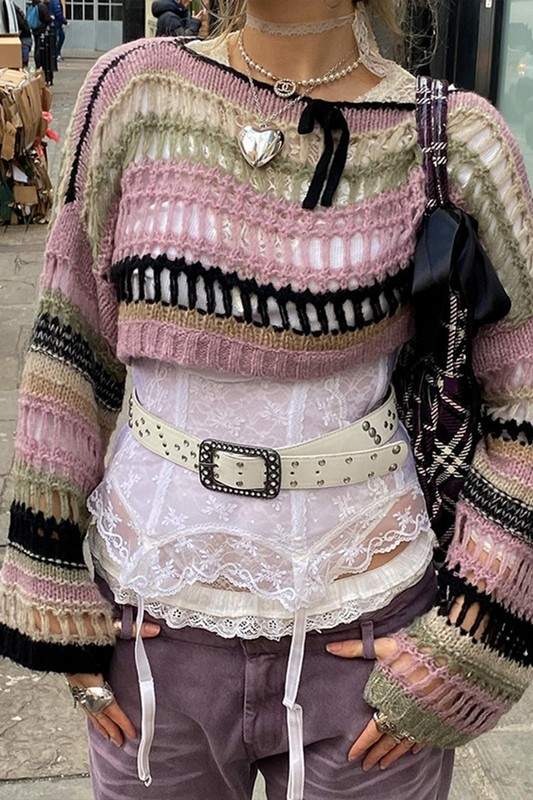STRIPE CUTOUT STRING SWEATER