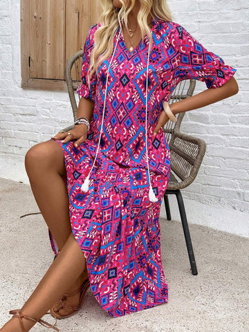 EMERY ROSE PAISLEY PRINTED KNOT NECKLINE RUFFLE HEM VACATION CASUAL DRESS FOR SUMMER