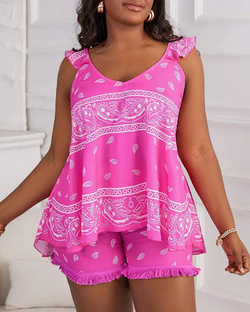 PLUS SIZE PAISLEY PRINT FLUTTER SLEEVE TANK TOP RAW HEM SHORTS SET