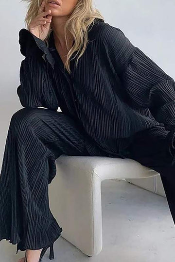 PLEATED LONG SLEEVE BLOUSE PANTS SET