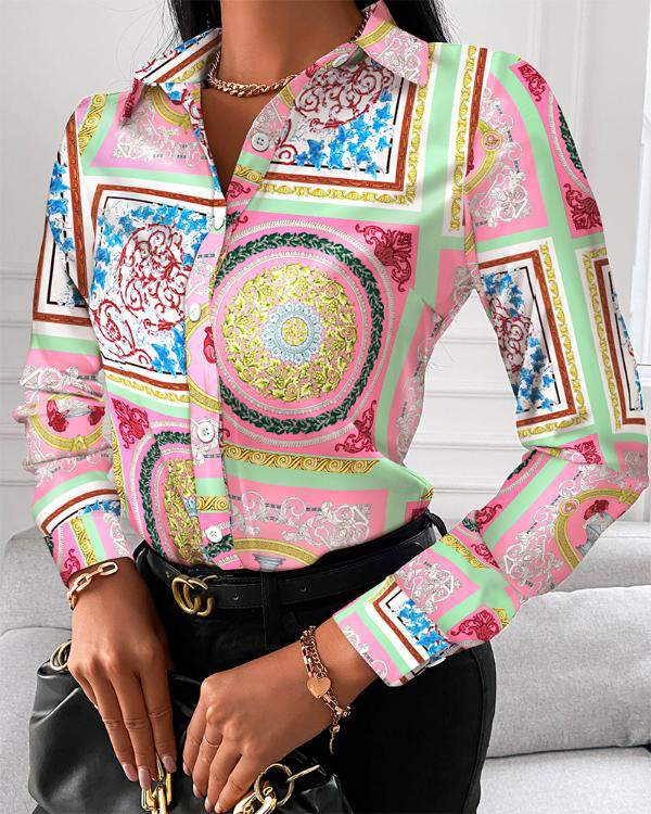 Scarf Print Button Up Long Sleeve Top