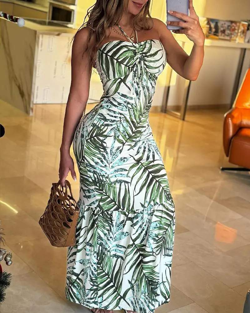 TROPICAL PRINT HALTER RUCHED MAXI DRESS
