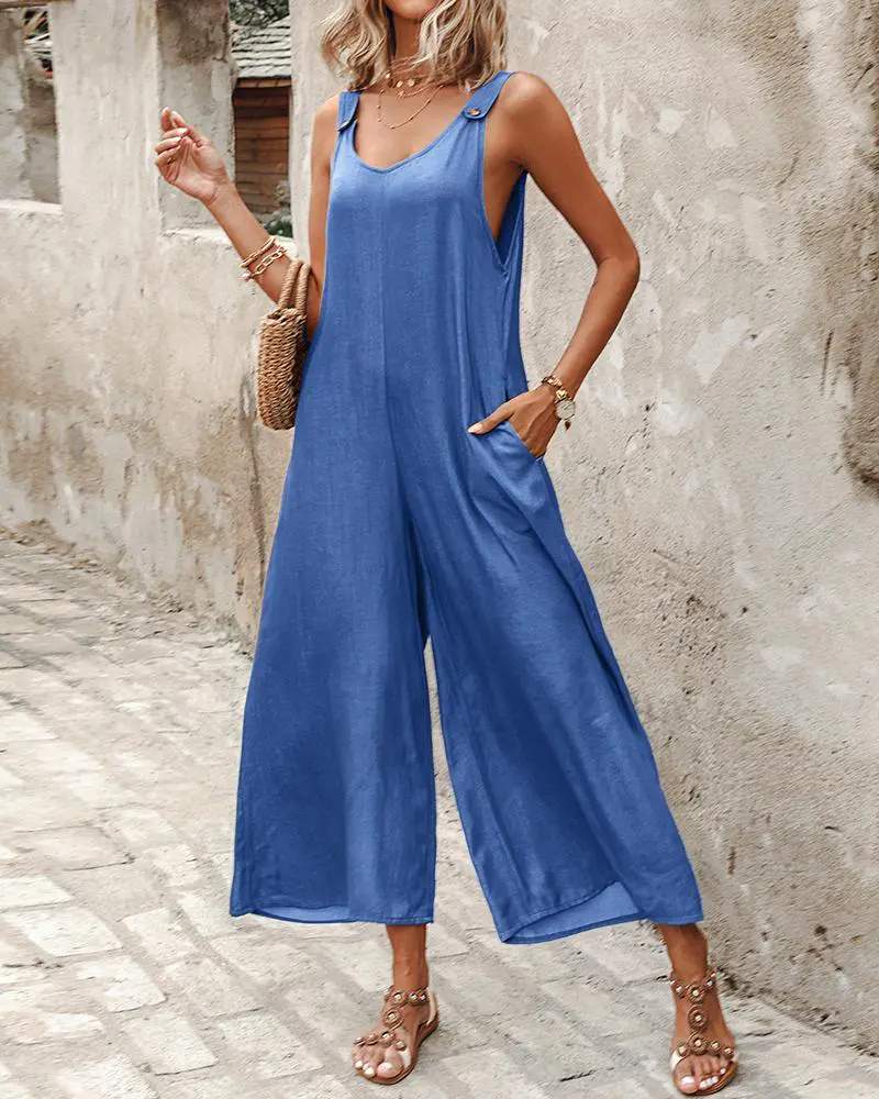BUTTONED WIDE LEG SUSPENDER JUMPSUIT