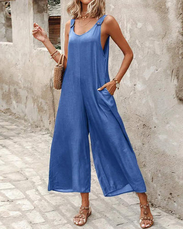 BUTTONED WIDE LEG SUSPENDER JUMPSUIT