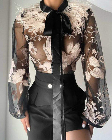 Unique Sheer Top with Feathered Elegance