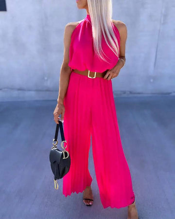 SLEEVELESS PLEATED MOCK NECK JUMPSUIT