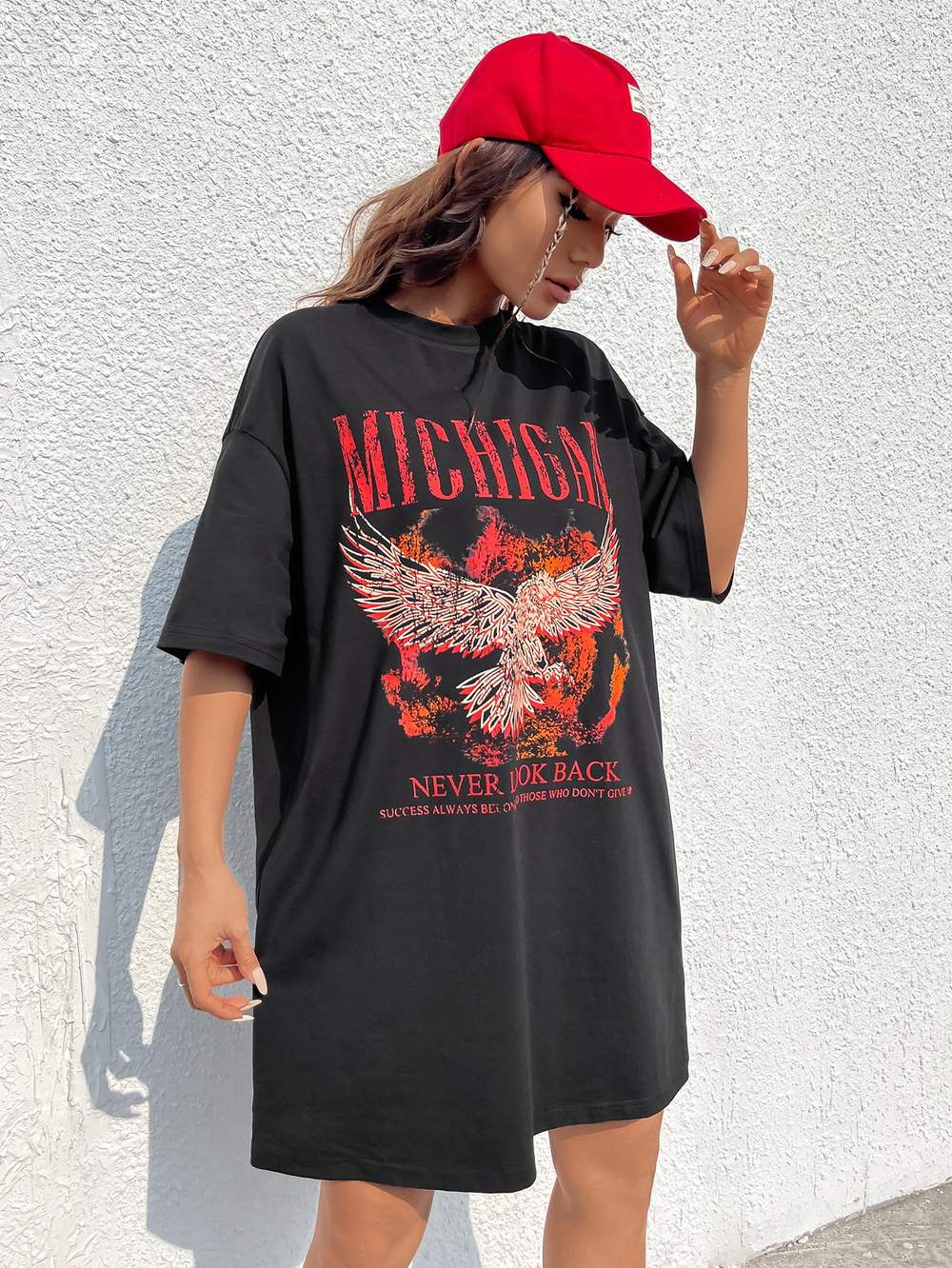 EZWEAR EAGLE SLOGAN GRAPHIC DROP SHOULDER TEE DRESS