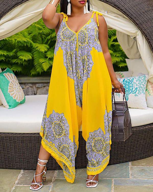 V Neck Graphic Print Tie Detail Wide Leg Jumpsuit