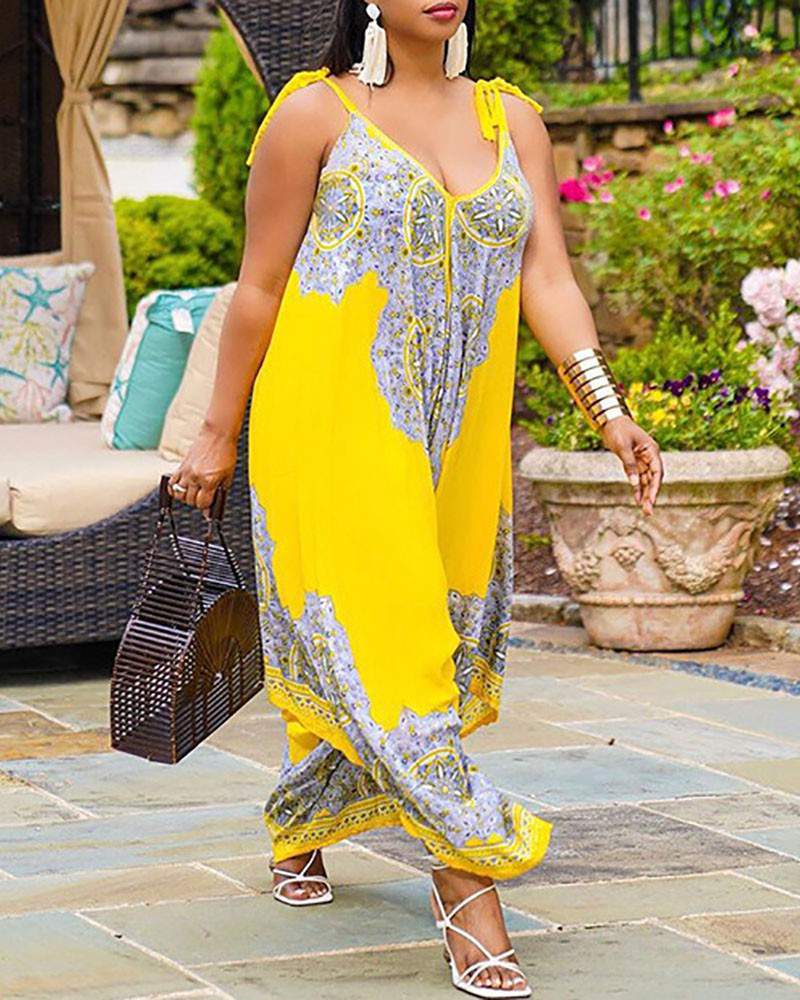 V Neck Graphic Print Tie Detail Wide Leg Jumpsuit