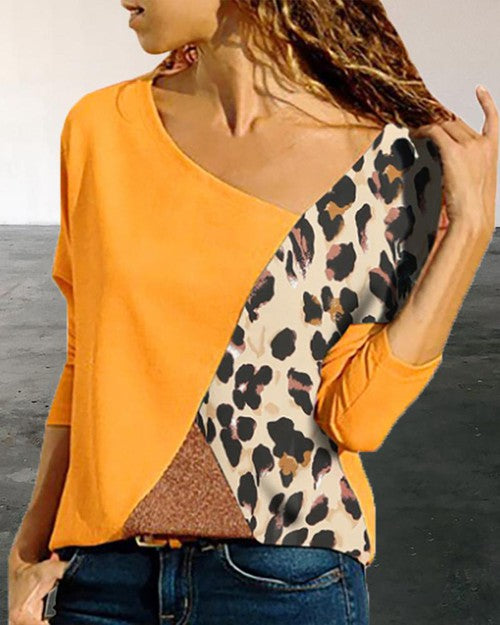 Trendy Long Sleeve V Neck Blouse: Leopard Style