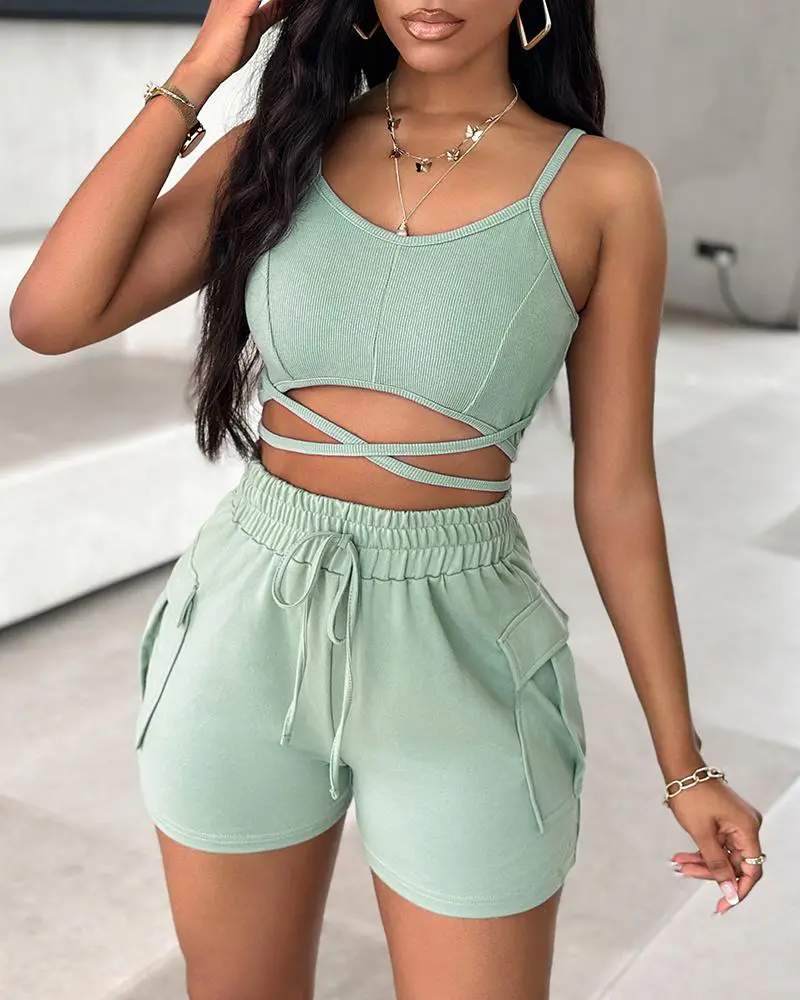 CRISS CROSS TOP DRAWSTRING POCKET DESIGN SHORTS SET