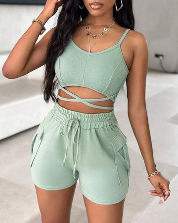 CRISS CROSS TOP DRAWSTRING POCKET DESIGN SHORTS SET