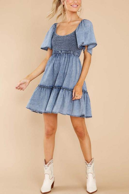 Bohemian Denim Dress Smocked for Casual Fun