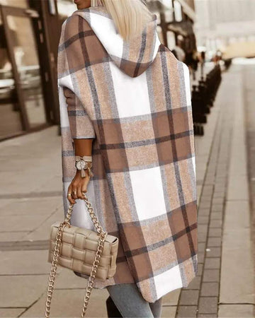 PLAID PRINT LONGLINE HOODED COAT