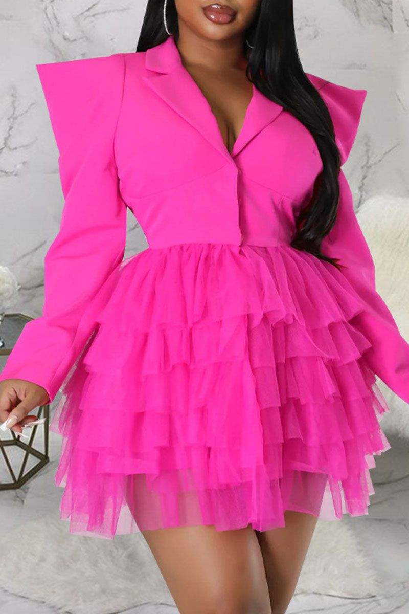 CASUAL STREET SOLID PATCHWORK TURN BACK COLLAR A LINE DRESSES