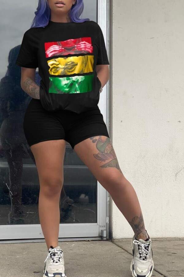 LEISURE O NECK PRINT BLACK TWO PIECE SHORTS SET