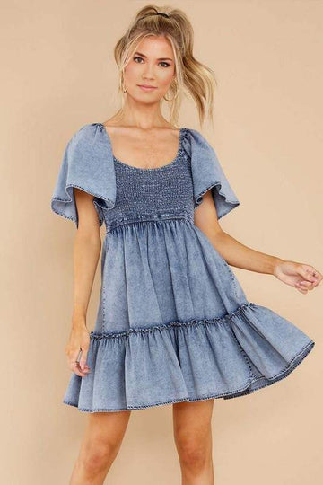 Bohemian Denim Dress Smocked for Casual Fun