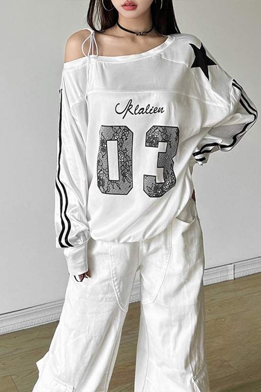 STAR ATHLETE OFF SHOULDER SWEATSHIRT