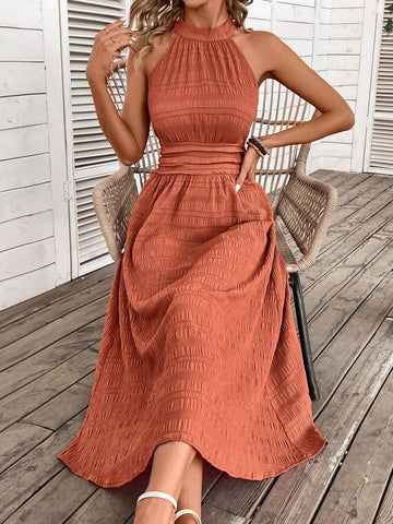 LUNE CASUAL SOLID COLOR HALTER NECK DRESS
