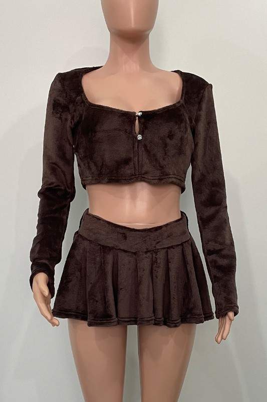 FURRY KNITTED SHIRT AND SKIRT SET