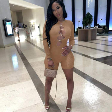 LACE CUTOUT LONG SLEEVE SEXY ROMPERS SHORTS FOR WOMEN