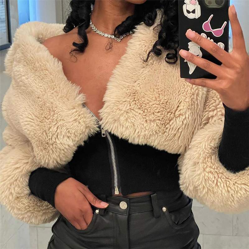STYLE WOMEN S FASHION STITCHING LAMB WOOL SLIM JACKET SHORT COAT