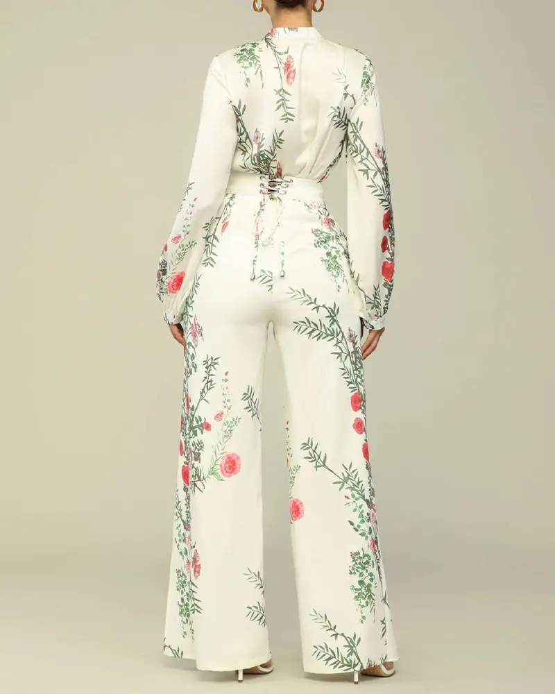 FLORAL PRINT RUFFLE HEM TOP LACE UP HIGH WAIST PANTS SET