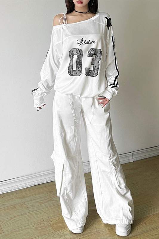 STAR ATHLETE OFF SHOULDER SWEATSHIRT