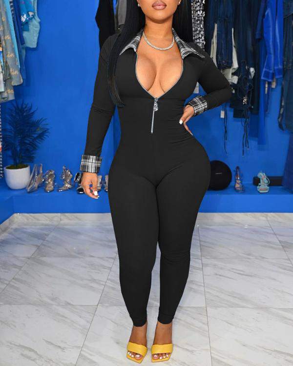 Plaid Patch Zipper Front Long Sleeve Skinny Jumpsuit