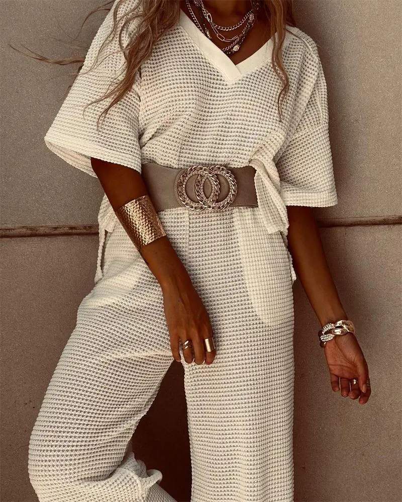 HALF SLEEVE WAFFLE KNIT TOP PANTS SET