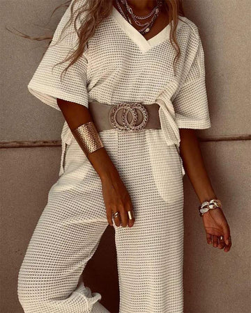 HALF SLEEVE WAFFLE KNIT TOP PANTS SET
