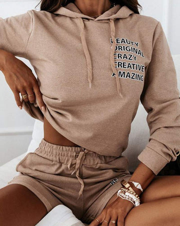 LETTER PRINT HOODED TOP DRAWSTRING POCKET SHORTS SET