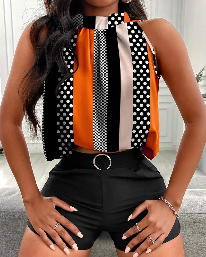 STRIPED COLORBLOCK POLKA DOT PRINT SLEEVELESS TOP SHORTS SET
