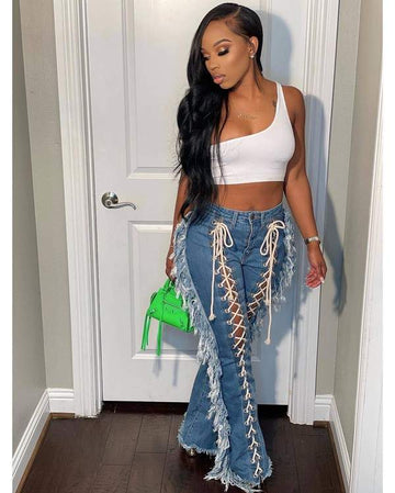 DENIM HIGH WAIST LACEUP JEAN