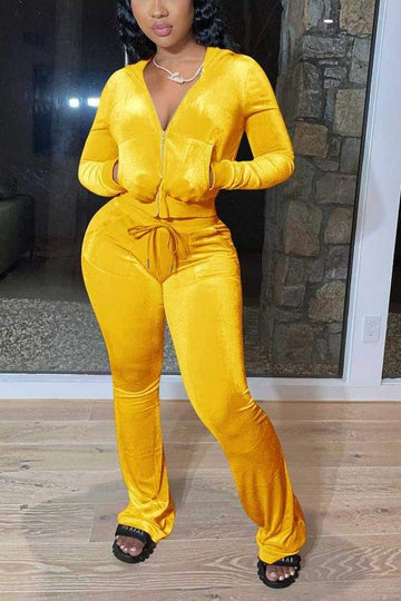 SOLID VELVET HOODED JACKET AND WIDE LEG PANTS SET