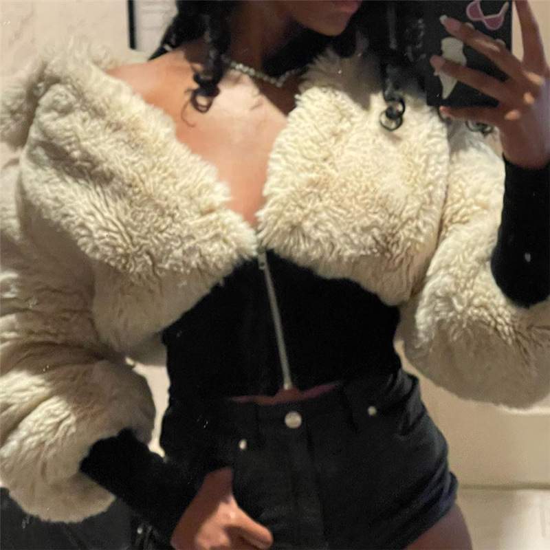 STYLE WOMEN S FASHION STITCHING LAMB WOOL SLIM JACKET SHORT COAT