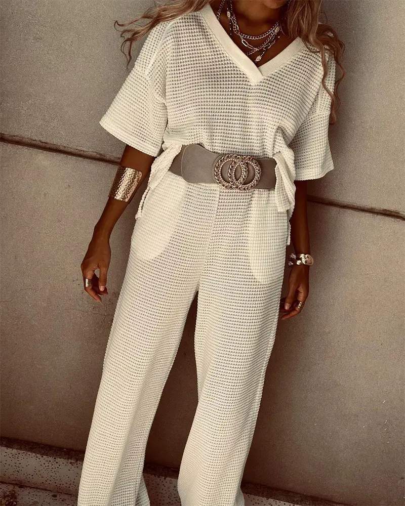 HALF SLEEVE WAFFLE KNIT TOP PANTS SET