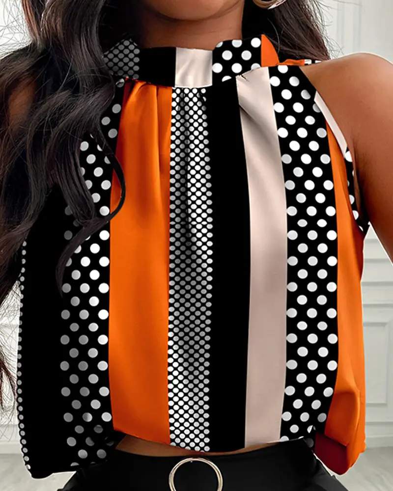 STRIPED COLORBLOCK POLKA DOT PRINT SLEEVELESS TOP SHORTS SET